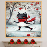 Christmas Wall Art Featuring Whimsical Black Cat Ice Skating with Red Scarf and Snowy Forest Background Cute Holiday Animal Illustration for Winter Home Decor and Gifts on Ready to Hang 1.5" Thick Canvas Wrap, Floating Framed Canvas, Flat Rolled Canvas